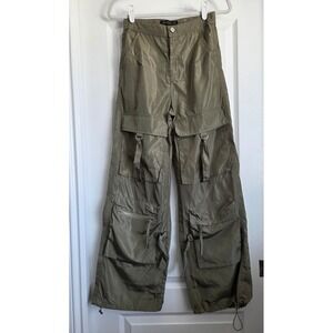The Vintage Shop Olive Green Parachute Cargo Pants Wide Leg Utility Sz S